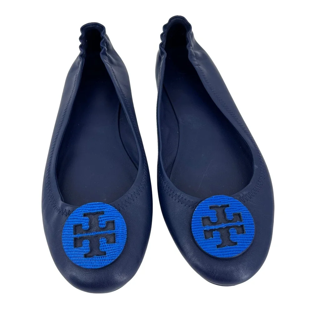 Tory Burch Ballet Flats Womens 9 Navy Blue Leather Medallion Logo